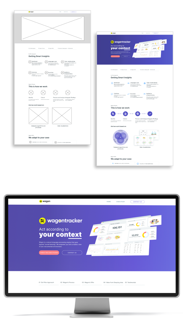 Wagon website construction with placeholders on the left and the UI design on the right